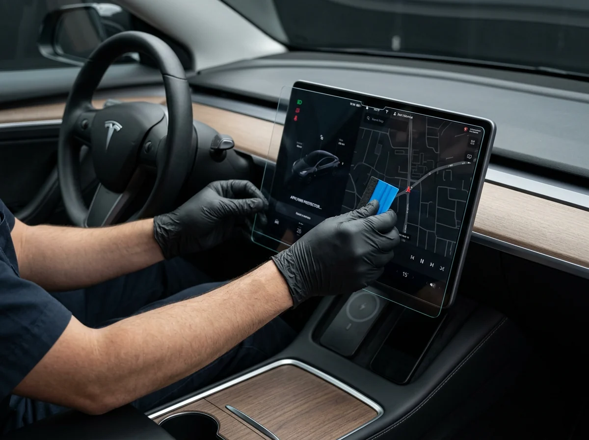 Installing a tempered glass screen protector on a car touchscreen